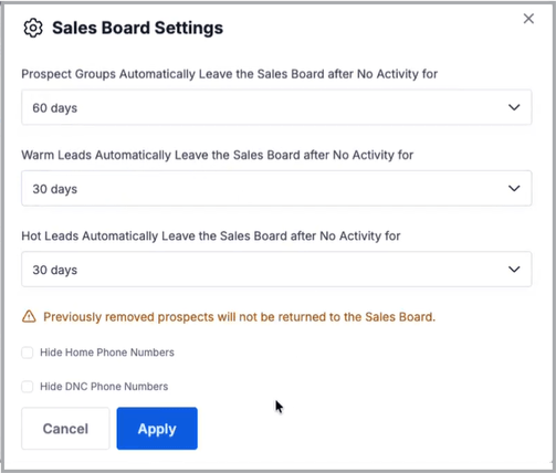 Sales Board Settings
