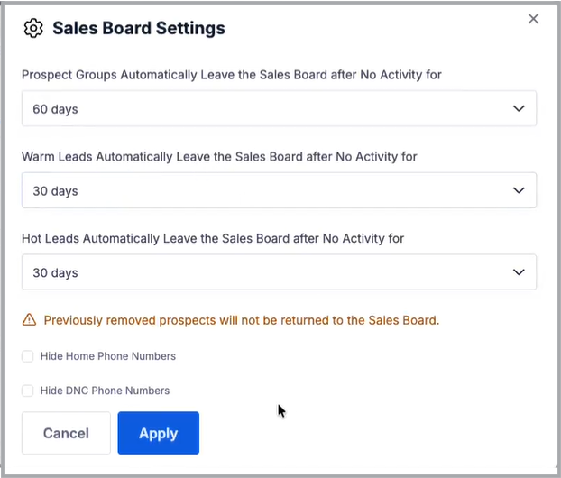 Sales Board Settings